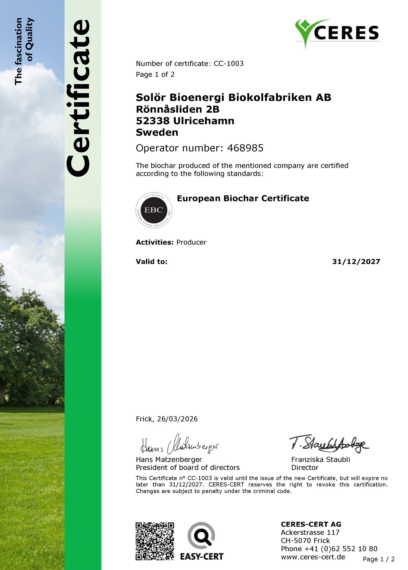 CC-1003_CC Certificate Biochar with Annexe WEB_Solör Bioenergi Biokolfabriken AB_20260326_EN-GB_Sida_1